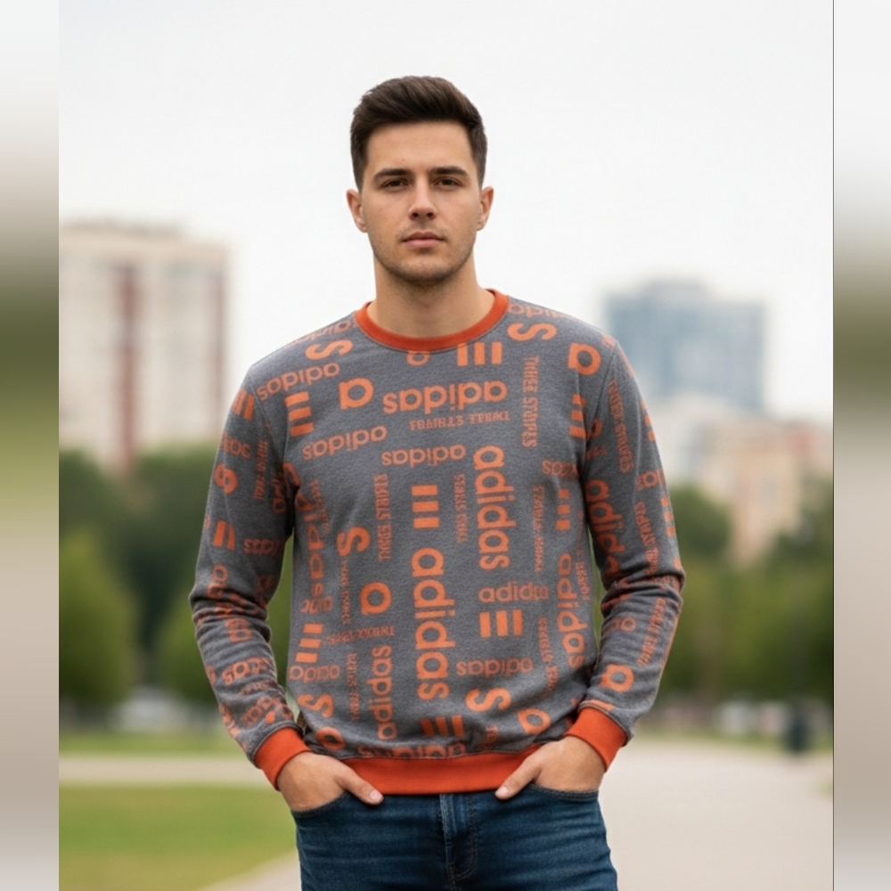Adidas "The Brand With The 3 Stripes" All Over Print Crewneck Sweatshirt